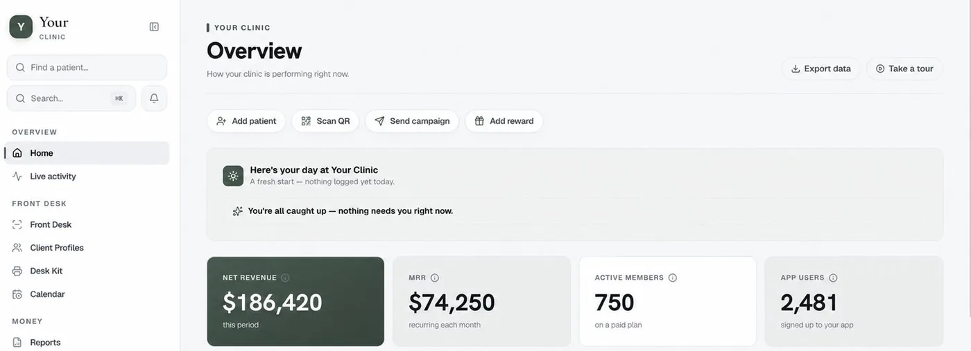The clinic portal: revenue, recurring revenue, active members and app users on one screen