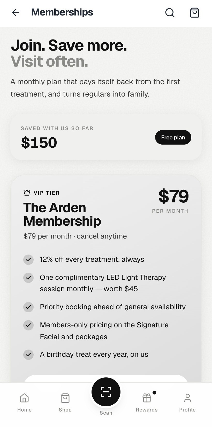 Arden Aesthetics demo app — memberships screen