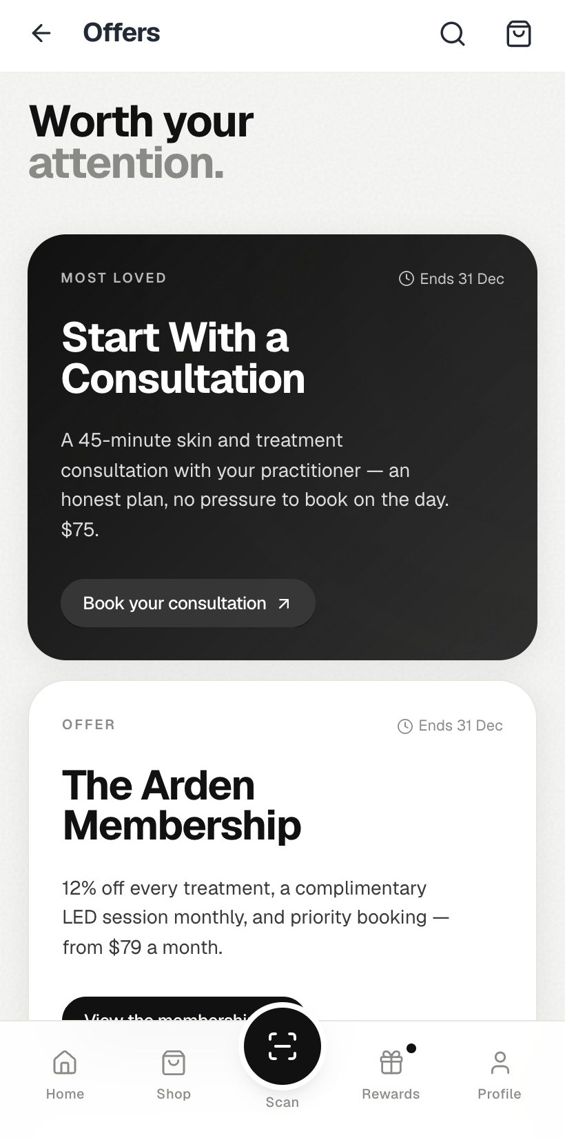 Arden Aesthetics demo app — automated offers screen