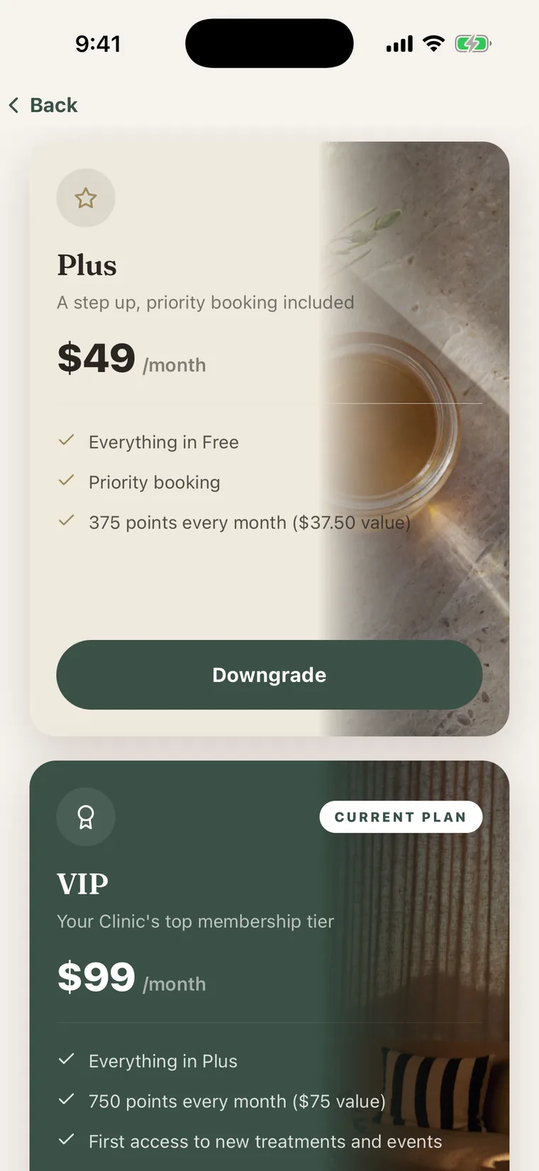 Membership tiers inside a clinic's own app