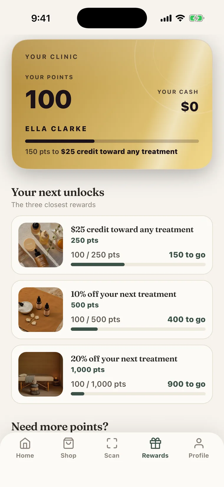 Treatment credit and points in a clinic's own app