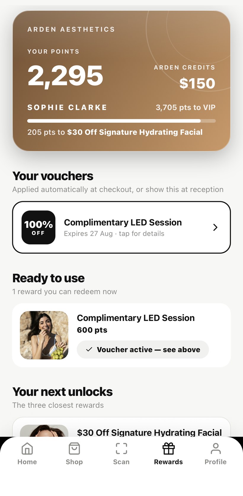 Arden Aesthetics demo app — rewards screen