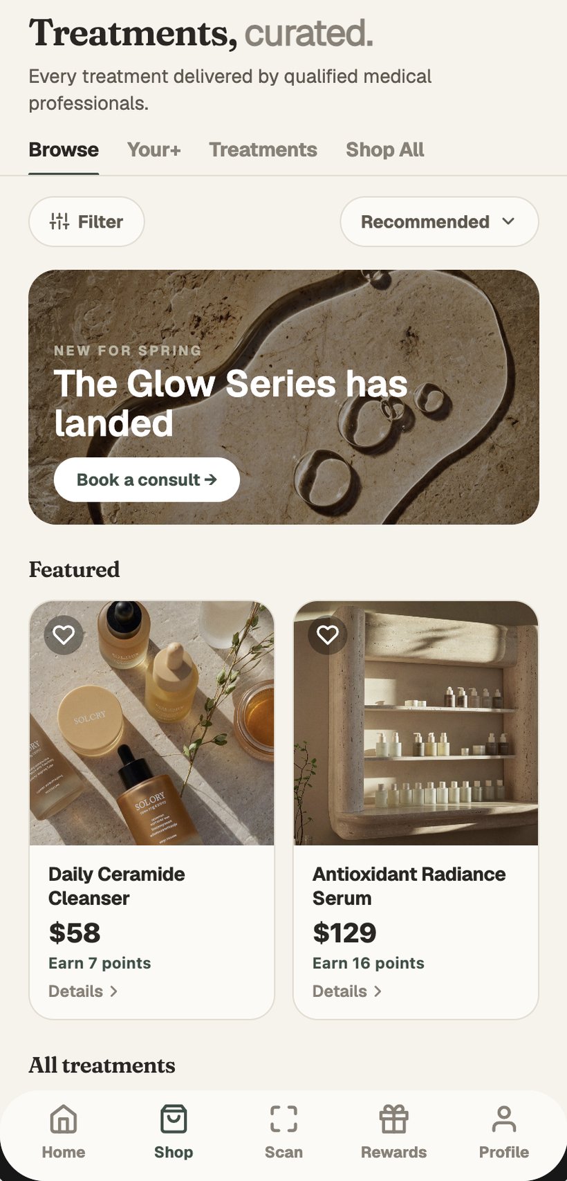 Shop and treatments in the app