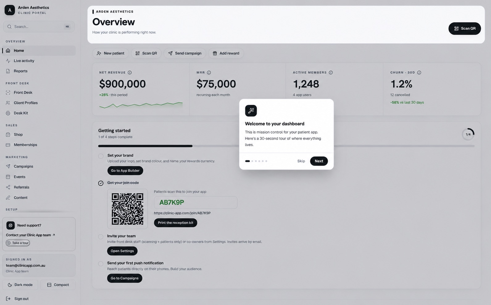 Overview dashboard showing revenue, MRR, active members and churn at a glance