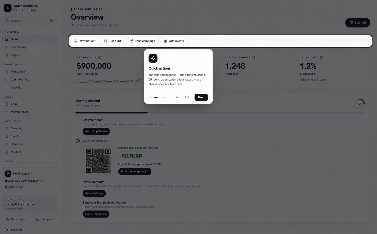 Quick actions bar: add patient, scan QR, send campaign, add reward