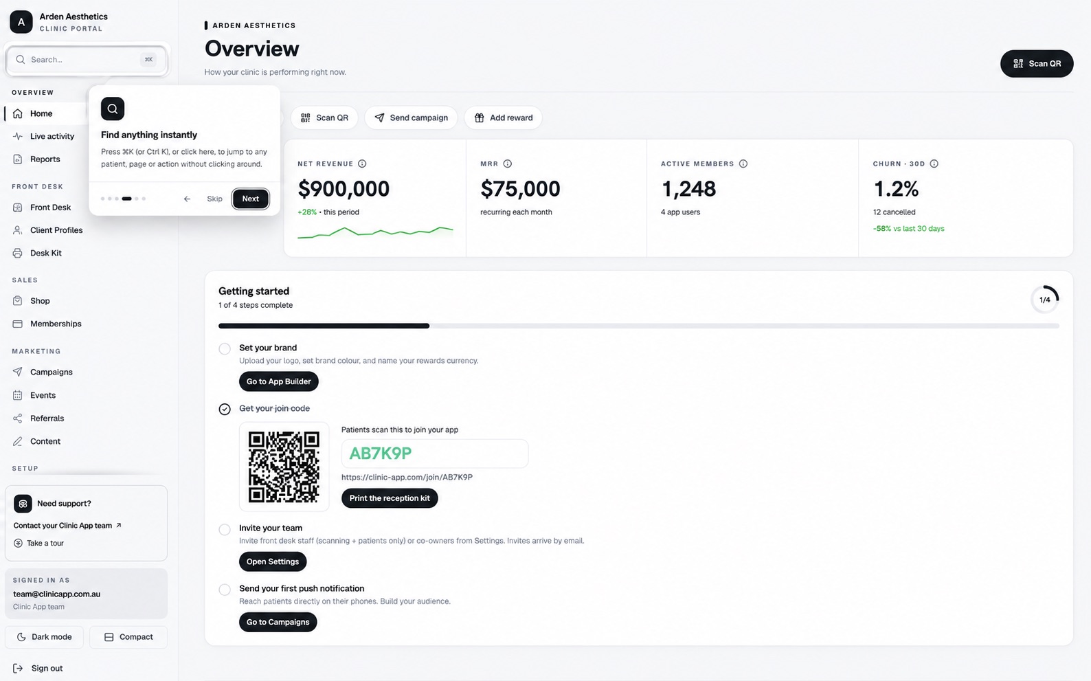 Global search command palette: find any patient, page or action instantly