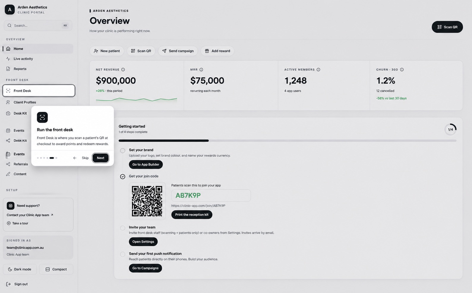 Front Desk module: scan patient QR at checkout to award points and redeem rewards